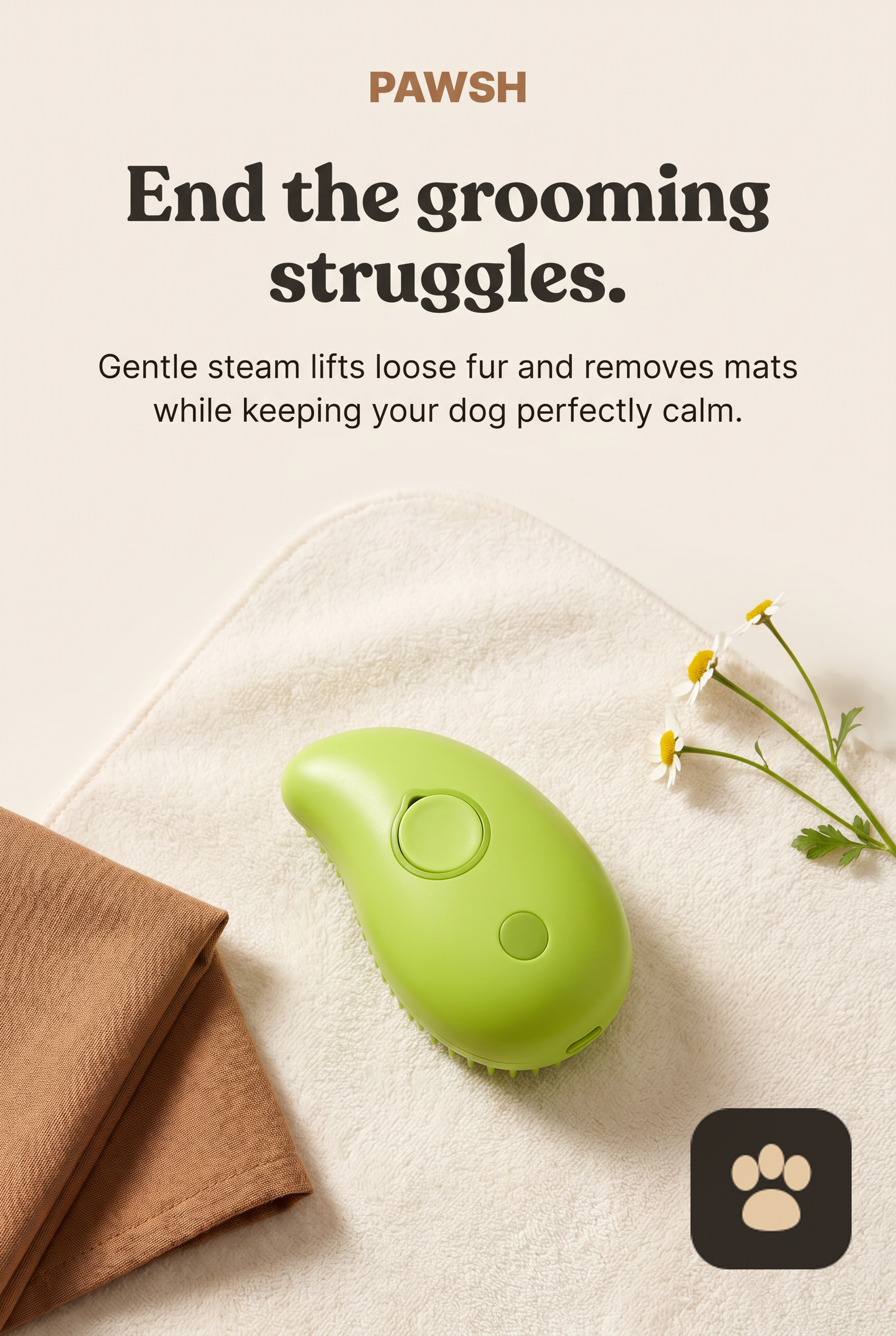 Pawsh steam brush on a soft towel with chamomile flowers — gentle steam lifts loose fur and removes mats while keeping your dog calm